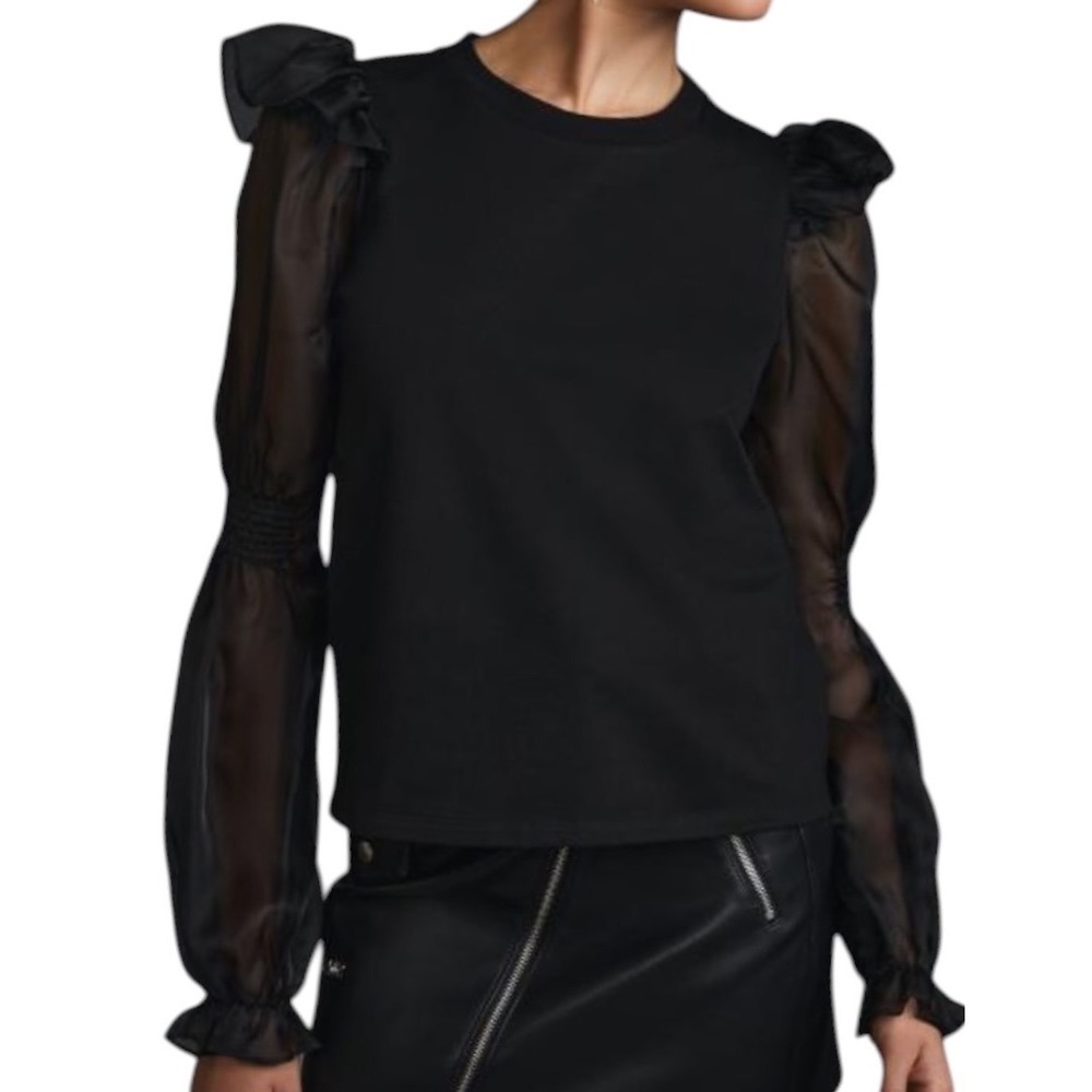 NWT Anthropologie Womens Black Sheer Ruffle Puff Sleeve Top Size XXS Party